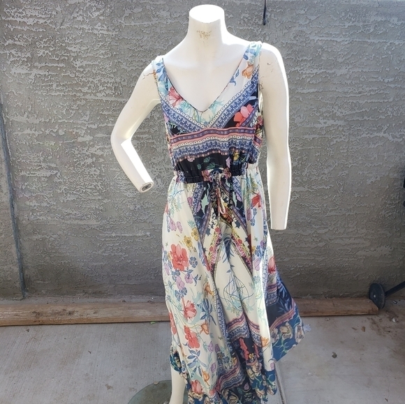 JOHNNY WAS CASSIA SILK LONG DRESS HANDKERCHIEF‎ CINCH LINED BOHO - Picture 4 of 10